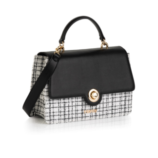 White and black tweed fabric handbag