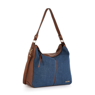 Aged brown handbag. Blue denim front panels