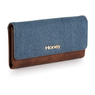 Aged brown purse with blue denim