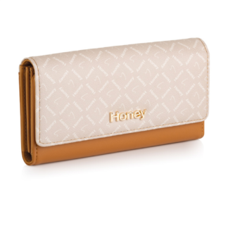 Tan purse. Grey & cream legacy print.