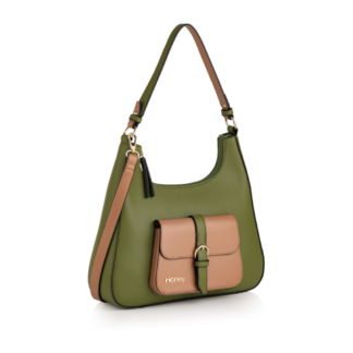 Olive green handbag. Light tan trim