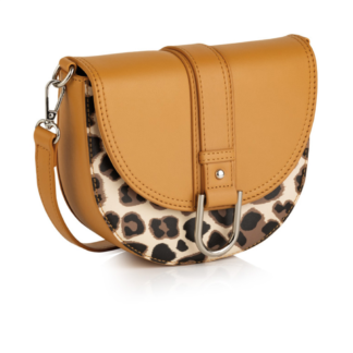 Tan handbag. Cream, brown & black leopard