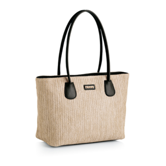 Neutral woven tote bag. Black trim.