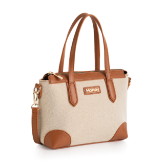 Neutral woven fabric handbag. Cognac trim