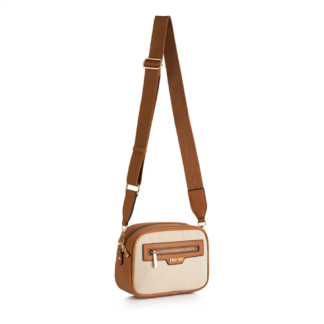 Tan handbag. Neutral woven front