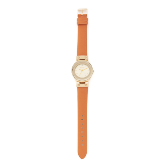 Gold plated bangle watch. Tan PU strap.