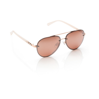 Rose gold plated. Cream polycarbonate. Synthetic pearl. Brown.