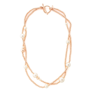 Rose gold plated two row necklace. White glass pearl.