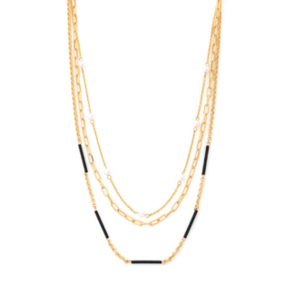 24ct gold plated 3 row necklace. Jet plated. Glass pearl.