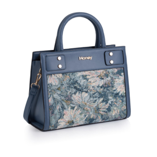 Deep slate blue PU handbag. Woven fabric. Gold plated.